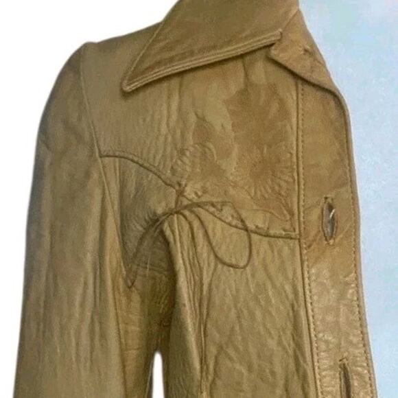 Vtg Santa Fe Leather floral embossed Shirt jacket womens S tan western boho USA - Picture 2 of 16